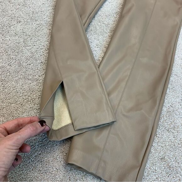 Zara Taupe brown vegan faux leather leggings zipper slit hem Sz L - Picture 7 of 15